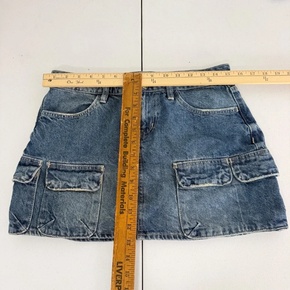 YMI Denim Mini Skirt Womens 7/28 Cargo Utility Pockets Medium Wash Blue